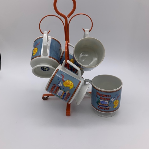 Vtg. Retro HTF 6pcs MAXWELL HOUSE 7 Oz Coffee Cups With Original Metal Holder - Picture 3 of 12